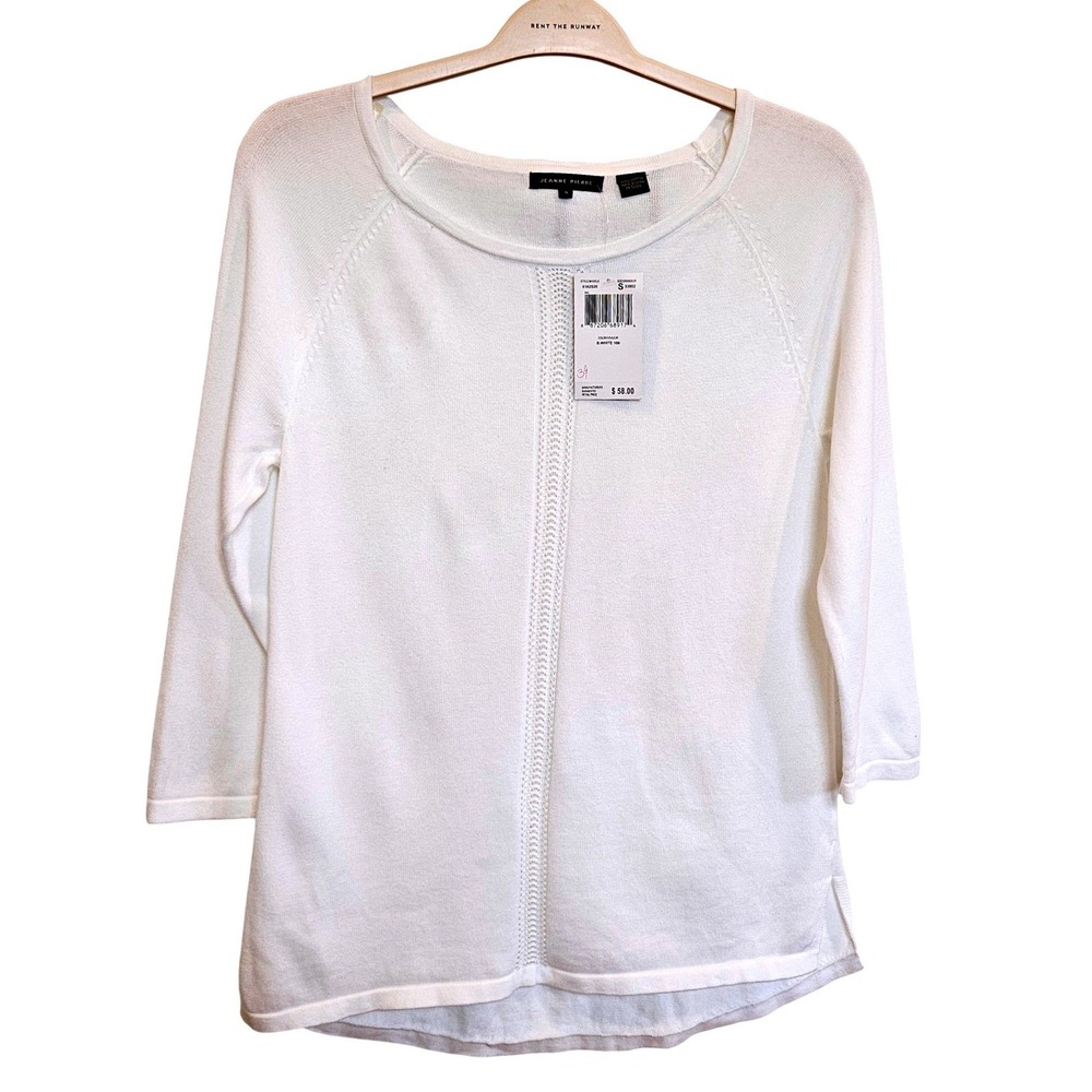 NWT JEANNE PIERRE Women White Cotton 3/4 Sleeve Boat Neck Knit Top Size S